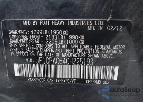 2012 Subaru Impreza 2.0I Premium из США, поврежденный, VIN JF1GPAC64CH225193